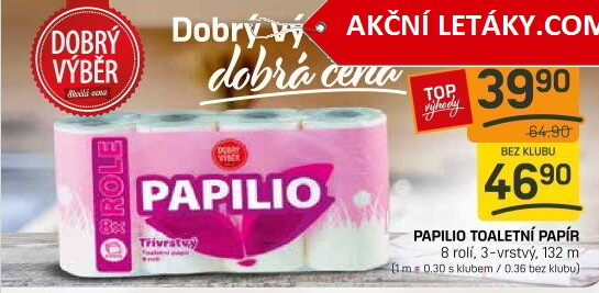 Toaletní papír 3vrstvý Papilio Dobrý Výběr