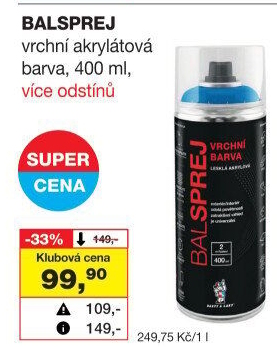 Vrchní akrylová barva ve spreji Balsprej Barvy a laky Hostivař