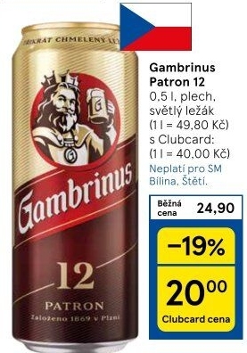 Pivo světlý ležák 12° Patron Gambrinus