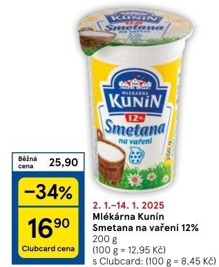 Smetana na vaření Mlékárna Kunín 12%