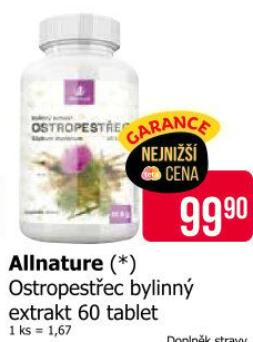 Doplněk stravy tablety Ostropestřec Allnature