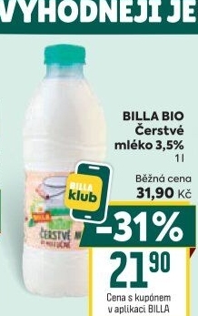 Mléko čerstvé Bio Billa - 3,5% plnotučné