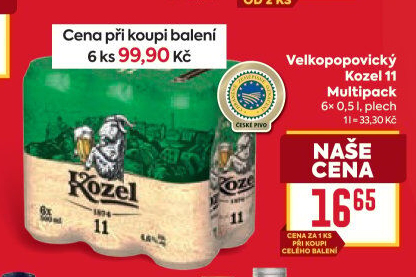 Pivo světlý ležák 11° Medium Velkopopovický Kozel