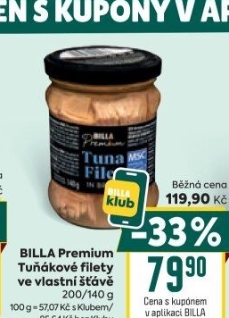 Tuňák filety ve vlastní šťávě Premium Billa