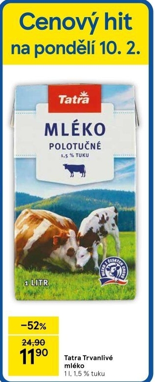 Mléko trvanlivé Tatra - 1,5% polotučné