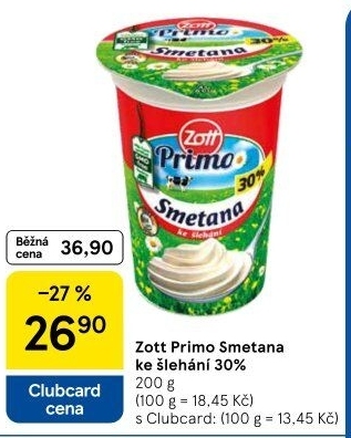 Smetana ke šlehání 30% Primo Zott