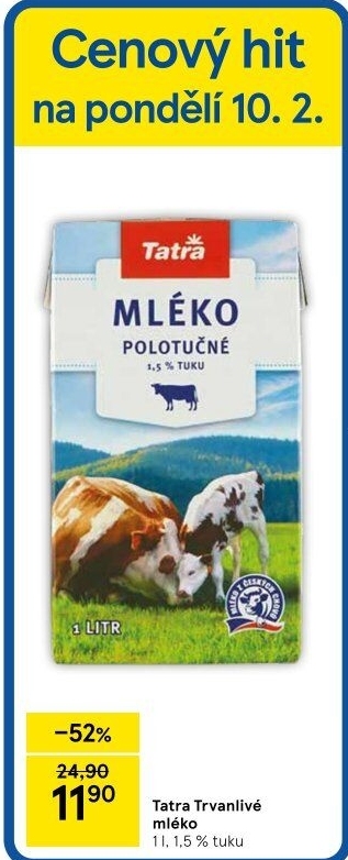 Mléko trvanlivé Tatra - 1,5% polotučné