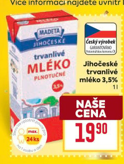 Mléko trvanlivé Jihočeské Madeta - 3,5% plnotučné