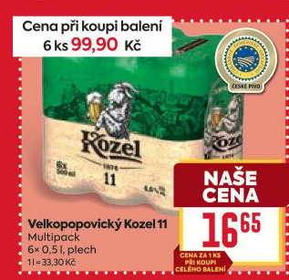 Pivo světlý ležák 11° Medium Velkopopovický Kozel
