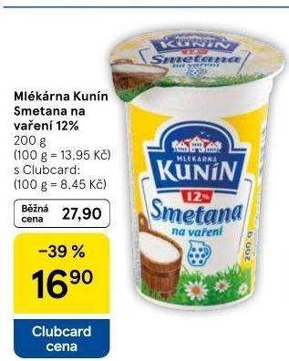 Smetana na vaření Mlékárna Kunín 12%