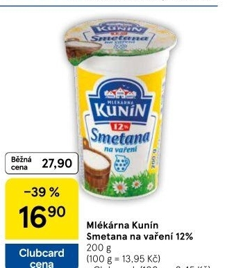 Smetana na vaření Mlékárna Kunín 12%