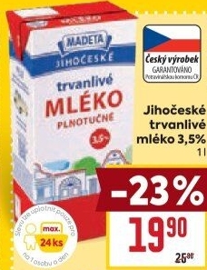 Mléko trvanlivé Jihočeské Madeta - 3,5% plnotučné