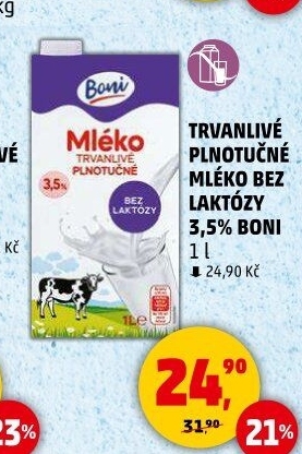 Mléko trvanlivé bez laktózy - 3,5% plnotučné Boni