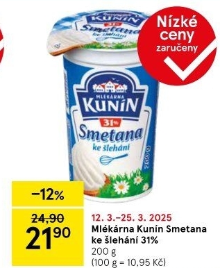 Smetana ke šlehání Mlékárna Kunín 31%