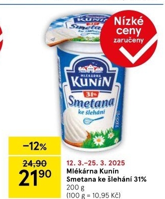 Smetana ke šlehání Mlékárna Kunín 31%