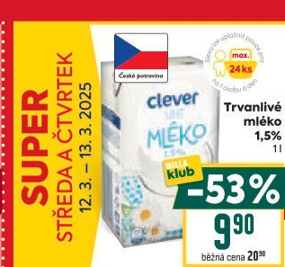 Mléko trvanlivé Clever - 1,5% polotučné