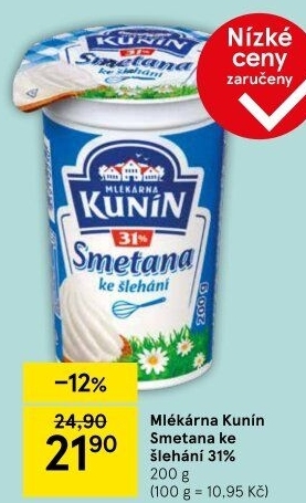 Smetana ke šlehání Mlékárna Kunín 31%