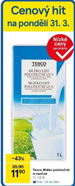 Mléko trvanlivé Tesco - 1,5% polotučné