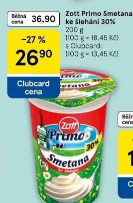 Smetana ke šlehání 30% Primo Zott
