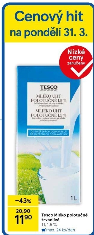 Mléko trvanlivé Tesco - 1,5% polotučné