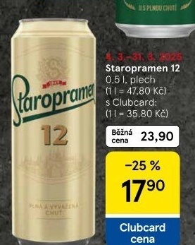 Pivo světlý ležák 12° Staropramen