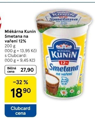Smetana na vaření Mlékárna Kunín 12%