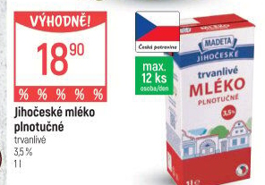 Mléko trvanlivé Jihočeské Madeta - 3,5% plnotučné