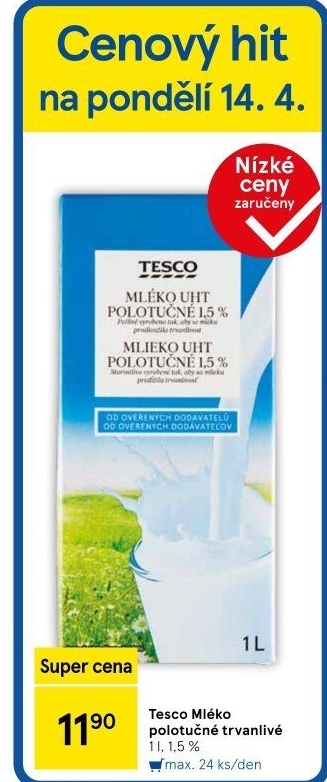 Mléko trvanlivé Tesco - 1,5% polotučné