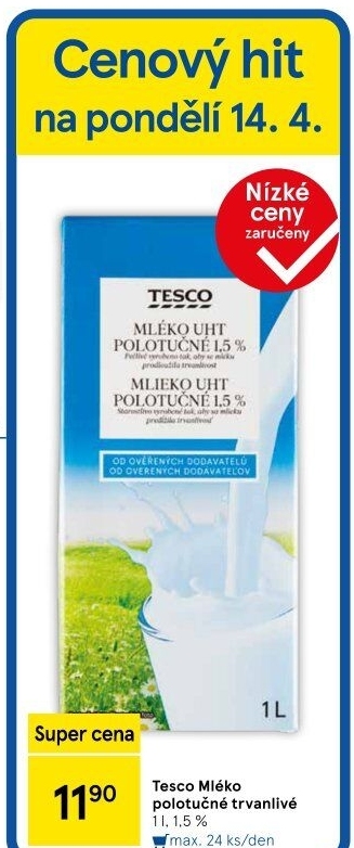 Mléko trvanlivé Tesco - 1,5% polotučné