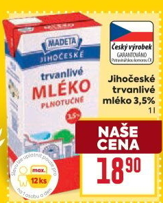 Mléko trvanlivé Jihočeské Madeta - 3,5% plnotučné