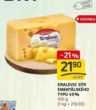 Sýr ementálského typu 45% Kralevic Laktos