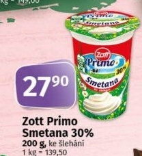 Smetana ke šlehání 30% Primo Zott