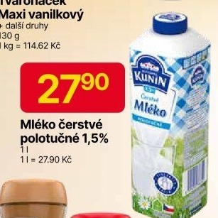 Mléko čerstvé Mlékárna Kunín - 1,5% polotučné