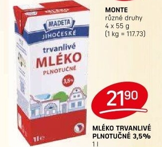 Mléko trvanlivé Jihočeské Madeta - 3,5% plnotučné
