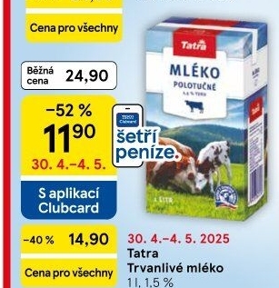 Mléko trvanlivé Tatra - 1,5% polotučné