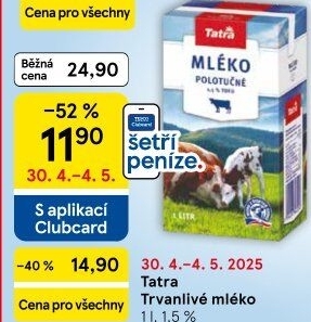 Mléko trvanlivé Tatra - 1,5% polotučné