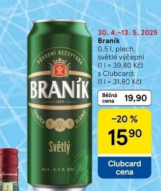 Pivo světlé výčepní 10° Braník