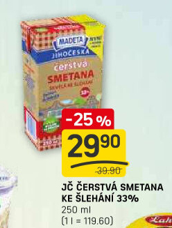 Smetana čerstvá ke šlehání Jihočeská Madeta 33%