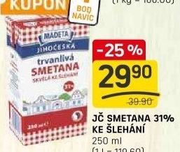 Smetana ke šlehání trvanlivá Jihočeská Madeta 31%