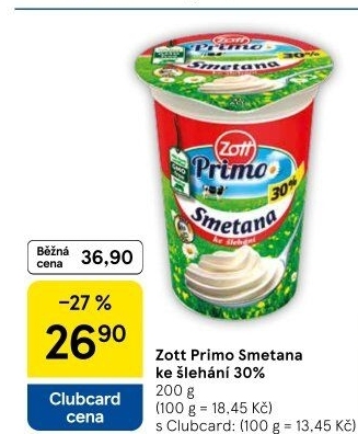 Smetana ke šlehání 30% Primo Zott