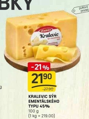 Sýr ementálského typu 45% Kralevic Laktos