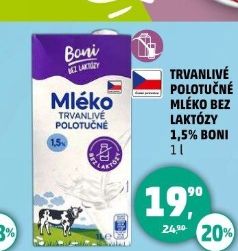 Mléko trvanlivé bez laktózy Boni - 1,5% polotučné