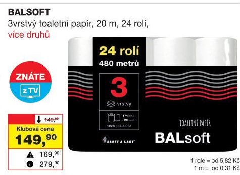 Toaletní papír 3vrstvý BALsoft