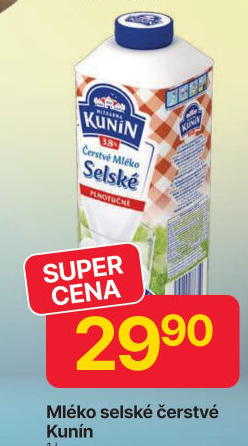 Mléko čerstvé selské Mlékárna Kunín -plnotučné