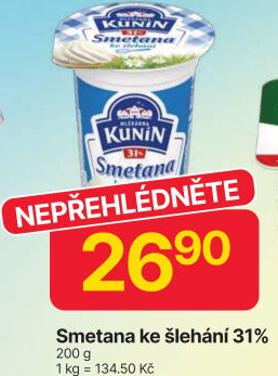 Smetana ke šlehání Mlékárna Kunín 31%