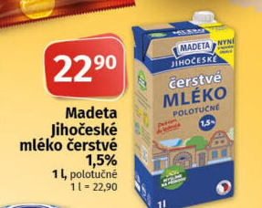 Mléko čerstvé lahodné Jihočeské Madeta - 1,5% polotučné