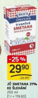 Smetana ke šlehání trvanlivá Jihočeská Madeta 31%