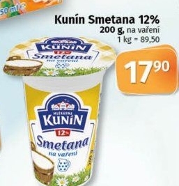 Smetana na vaření Mlékárna Kunín 12%