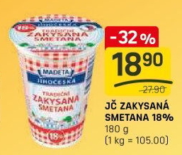 Smetana zakysaná Jihočeská Madeta 18%