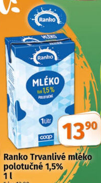 Mléko trvanlivé Ranko - polotučné 1,5%